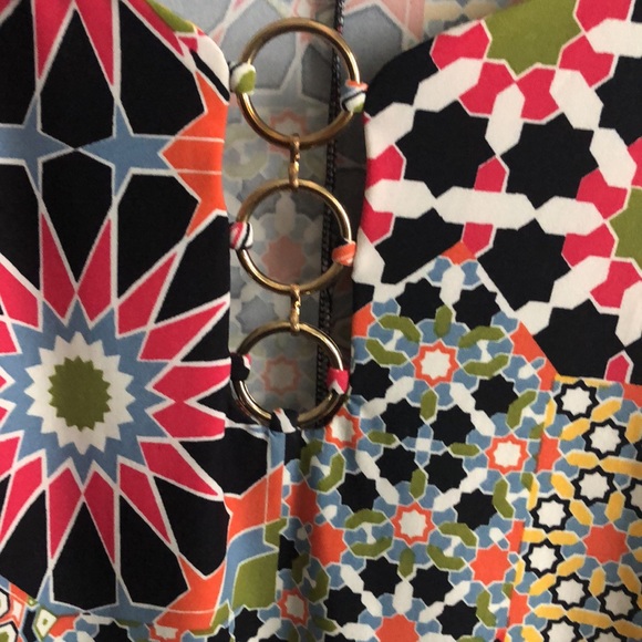 Ellen Weaver multi-color, patch, print and gold ring maxi dress 2X - Picture 4 of 6